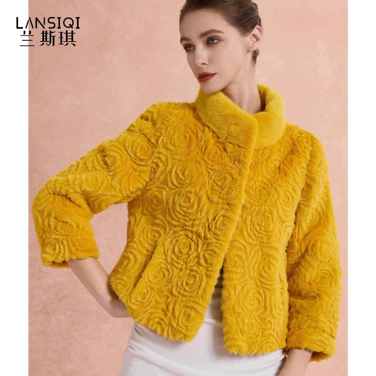 玫瑰花水貂短款皮草外套进口整貂立领时尚貂皮大衣2025年秋冬新款