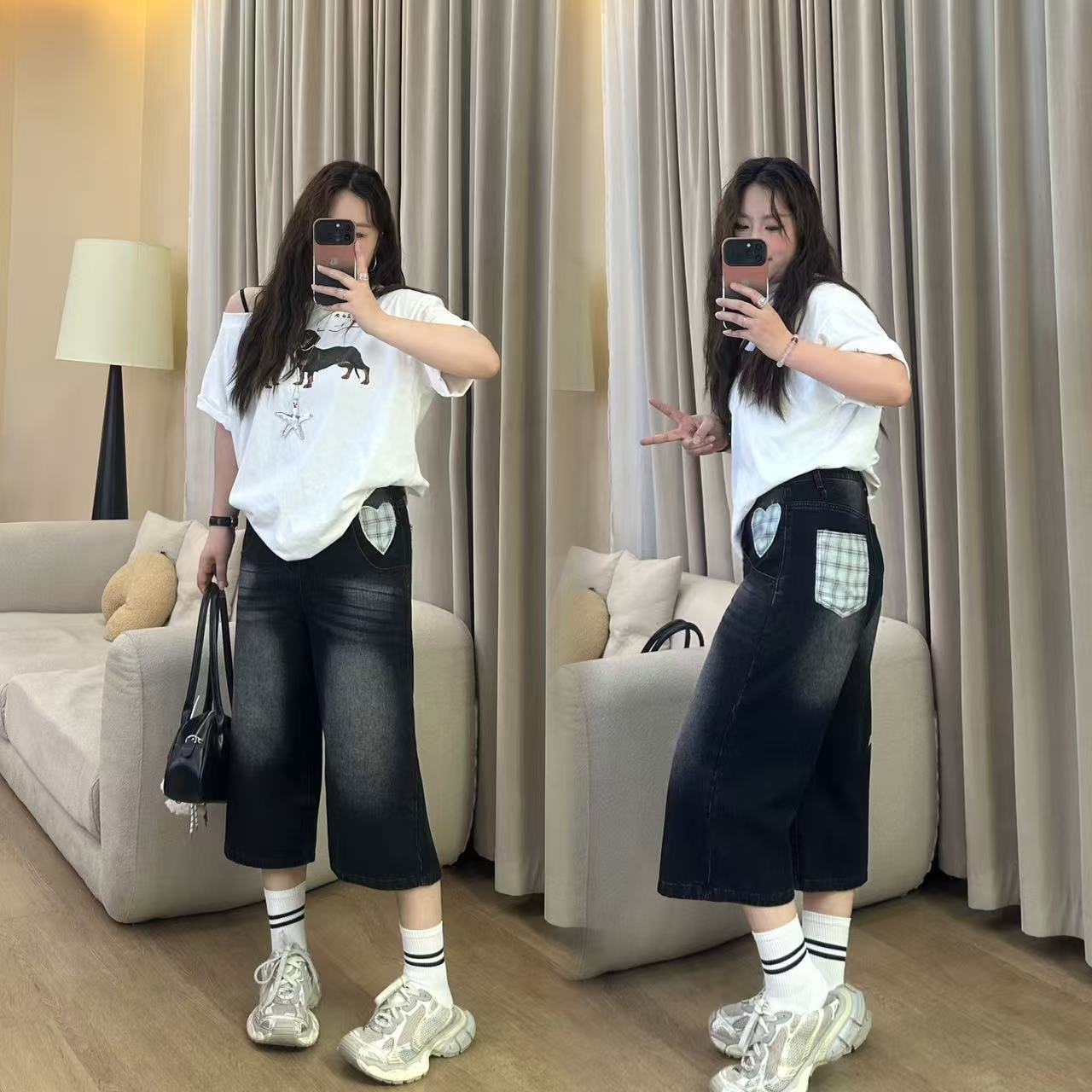 《珠珠定制》大码黑色美式七分牛仔裤女夏宽松百搭休闲水洗阔腿直筒