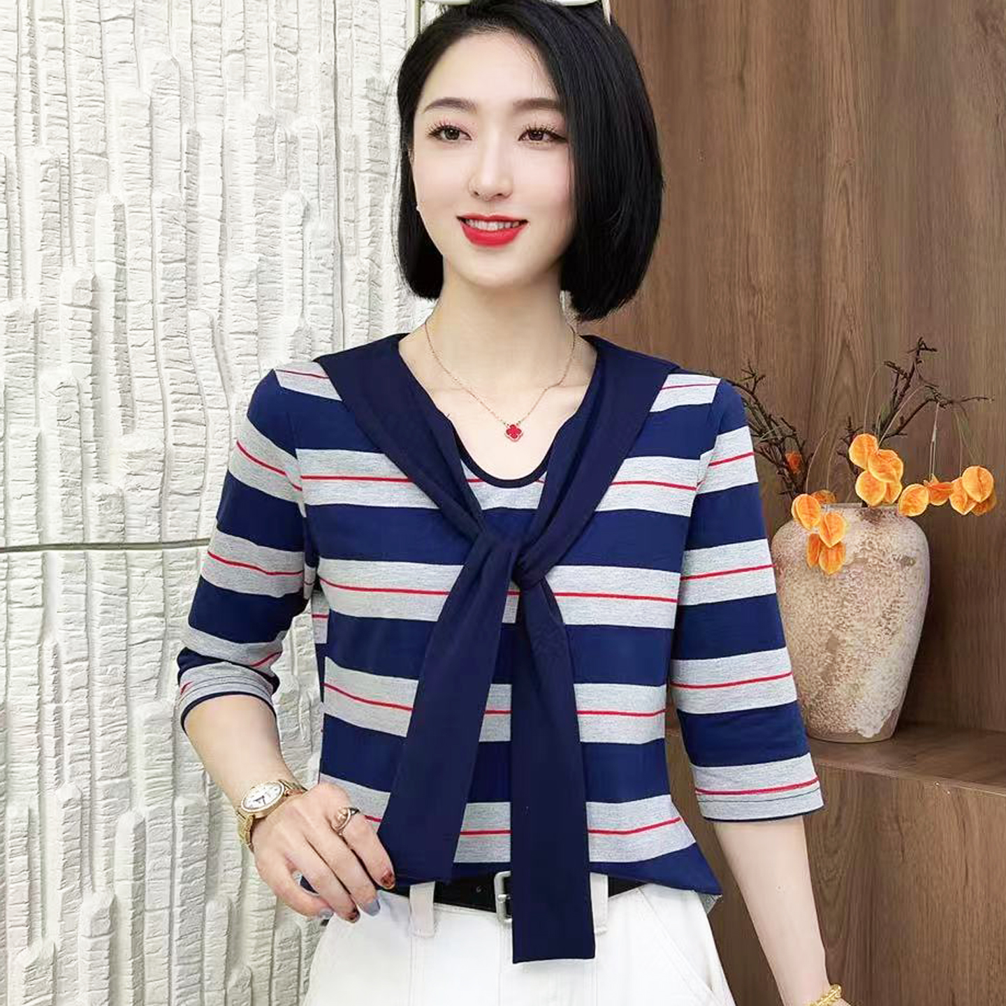 条纹正肩七分袖T恤女2025早秋气质减龄超好看百搭披肩上衣打底衫