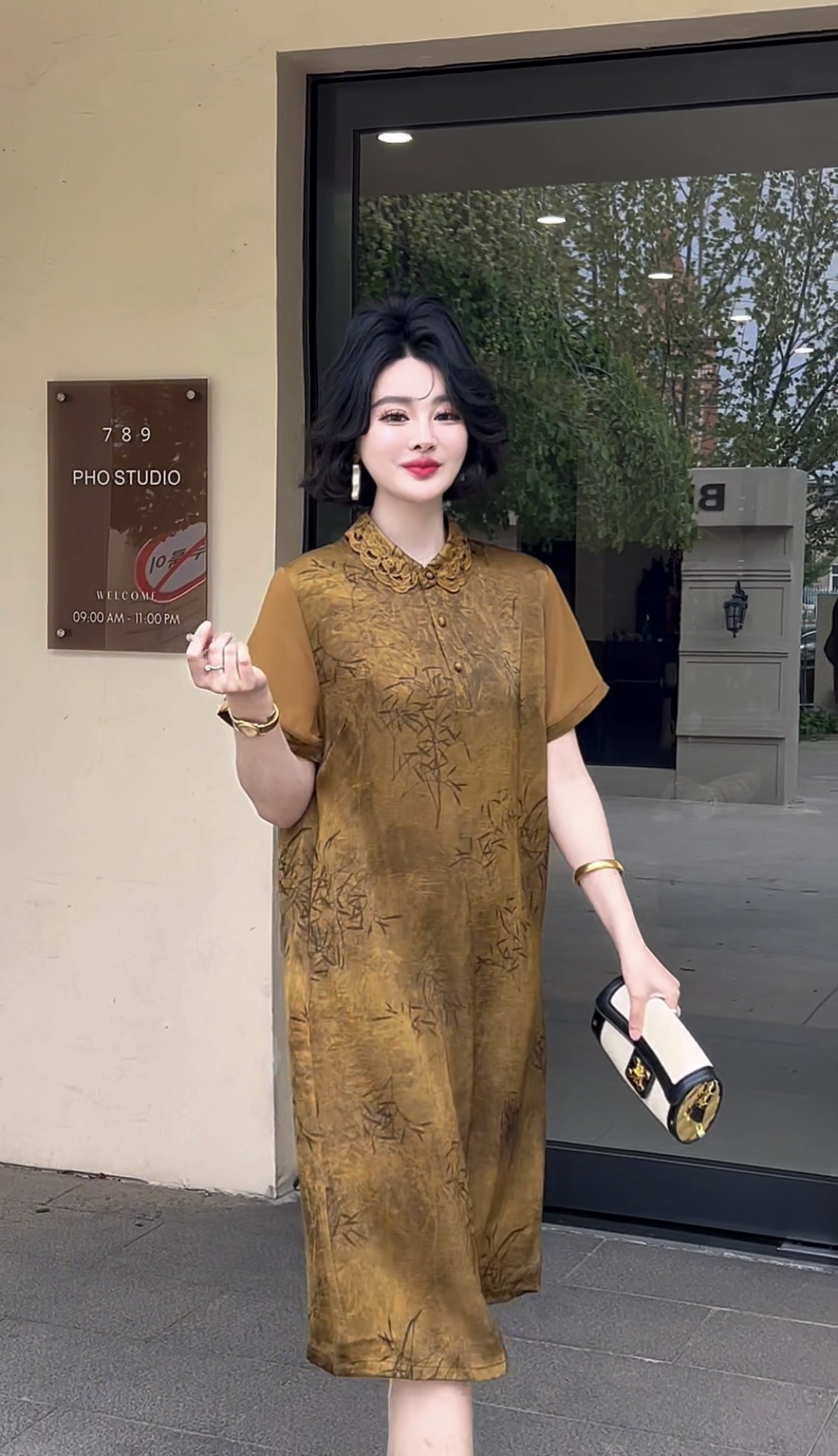 镂空领夏季中袖长裙常规纯色连衣裙复古提花新中式宽松