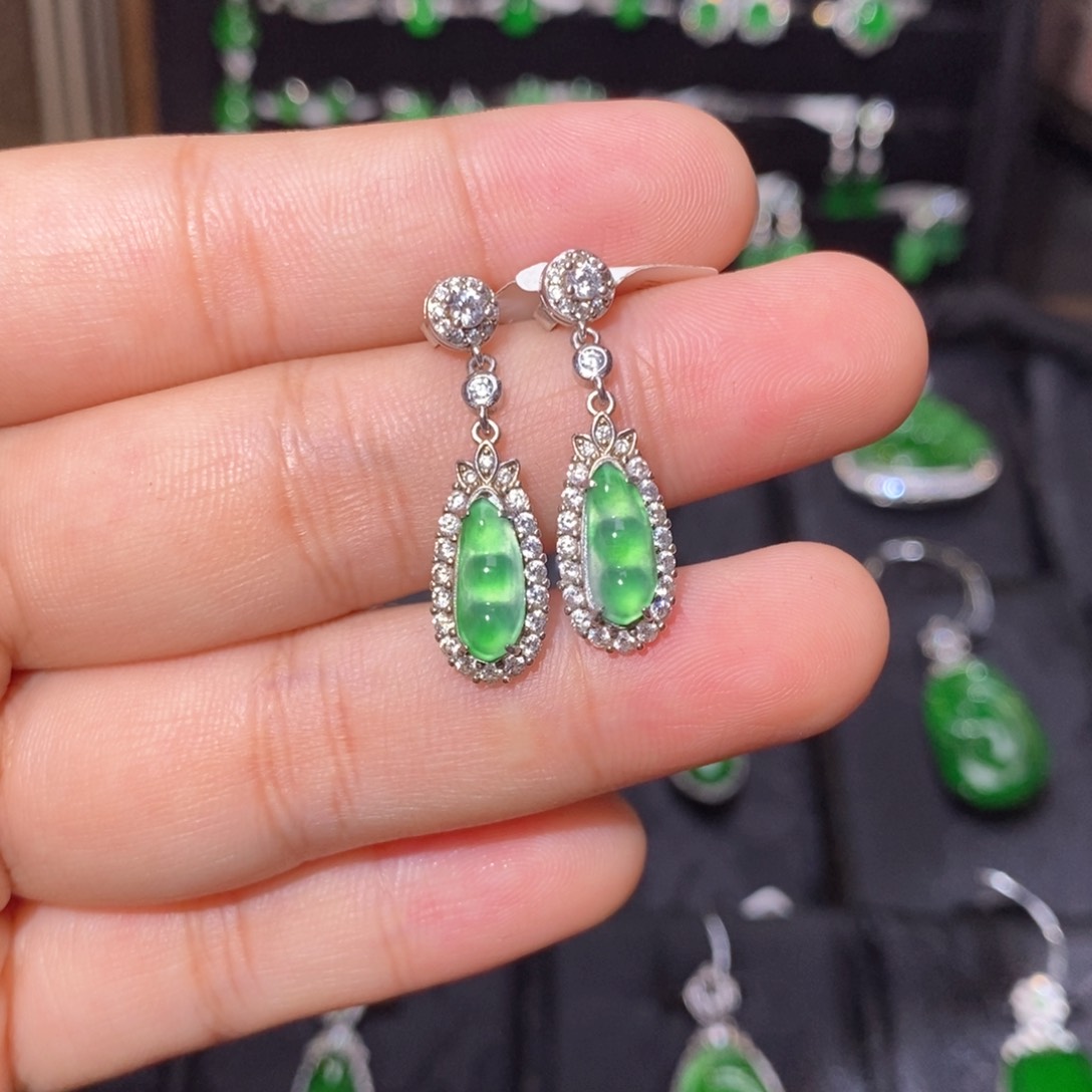 银S925镶嵌翡翠耳饰天然翡翠