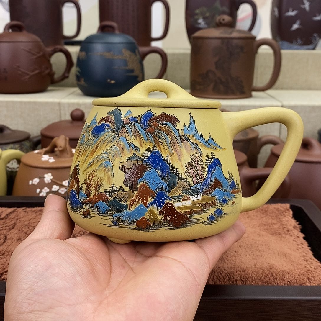 紫砂茶杯千里江山本绿石瓢