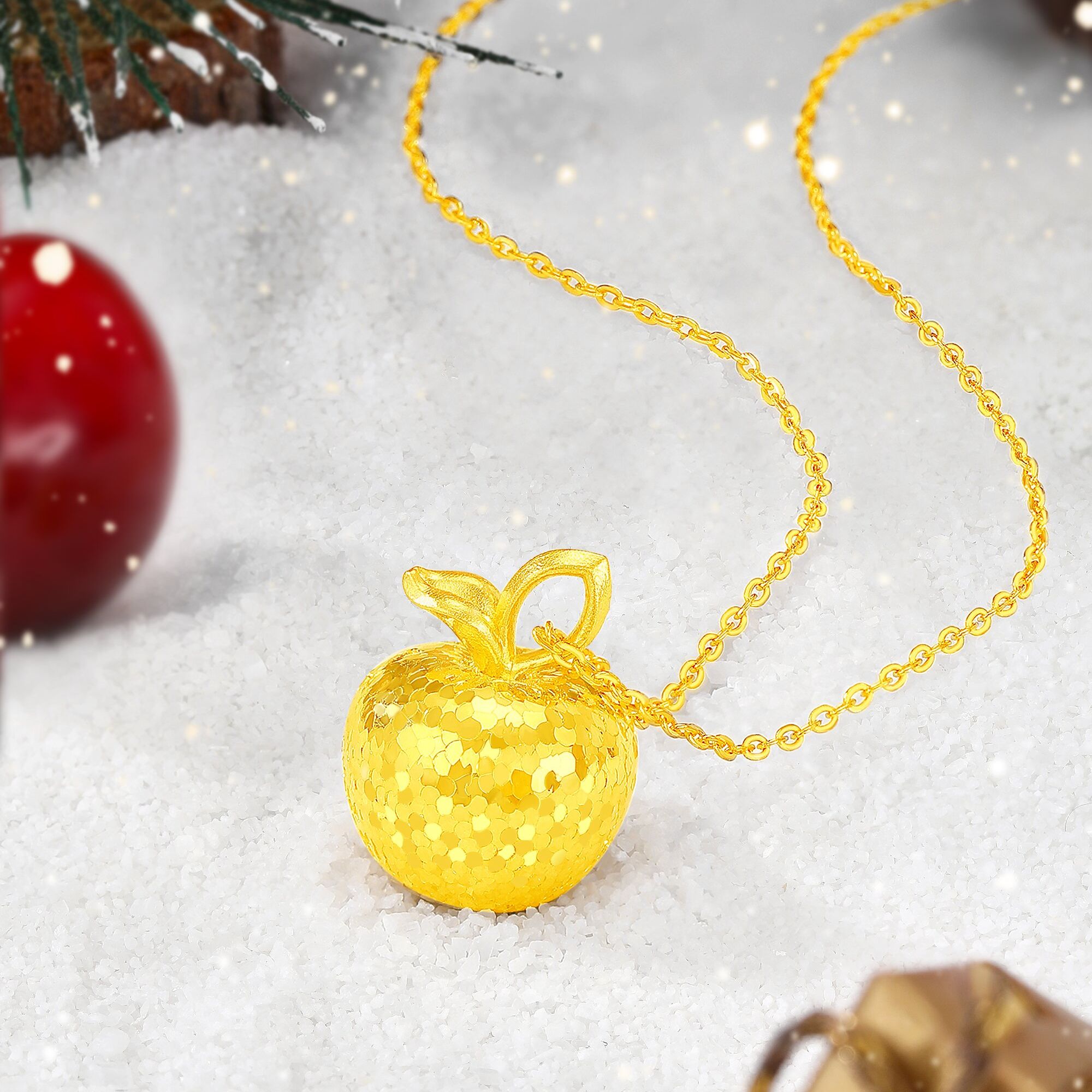 周大生经典足金苹果吊坠足金爆闪苹果吊坠双旦圣诞礼物