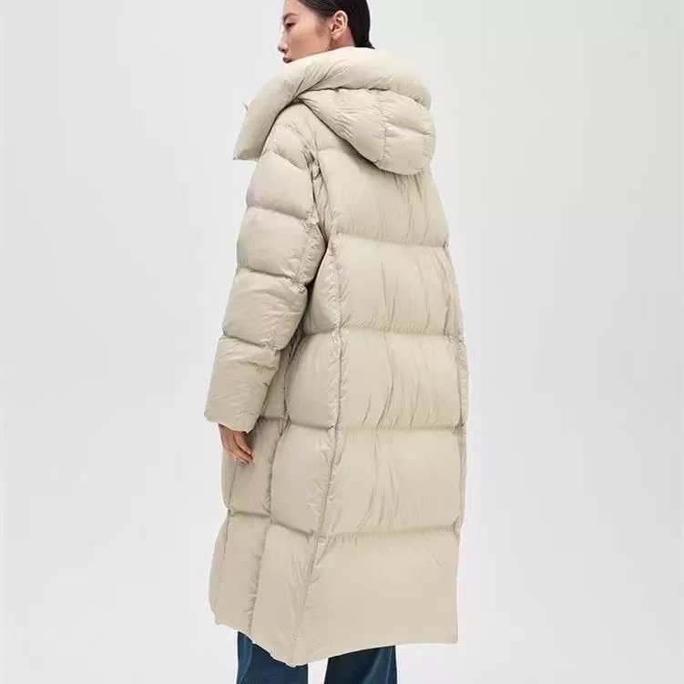 连帽中长款女士冬季加厚宽松过膝白鸭绒保暖外套