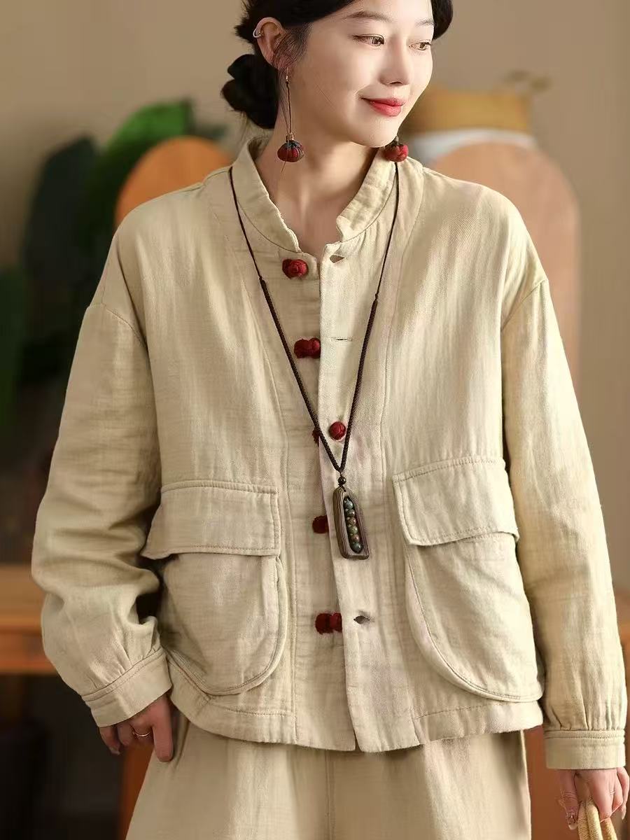 8749新款春秋季复古宽松百搭盘扣新中式文艺上衣印花休闲长袖外套