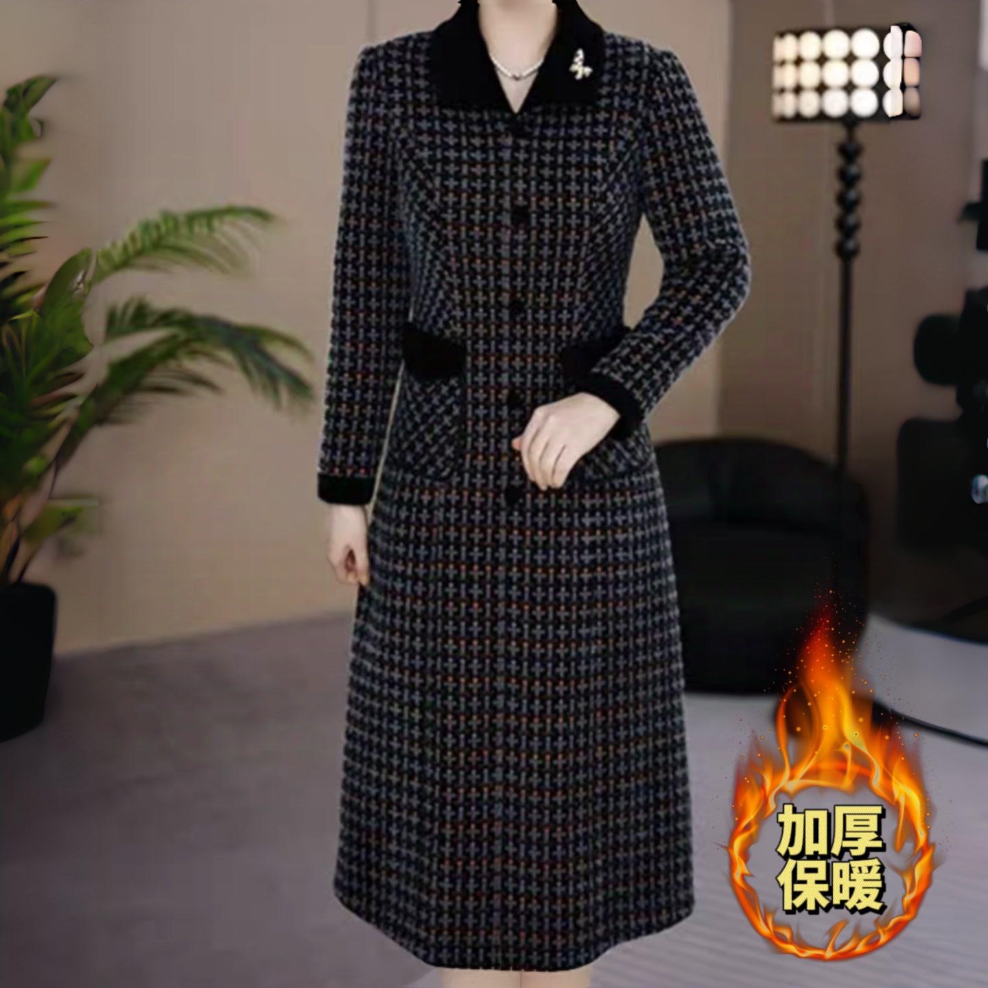 【衣雅严选】8101-1316#新款加厚保暖金貂混纺优雅气质款连衣裙