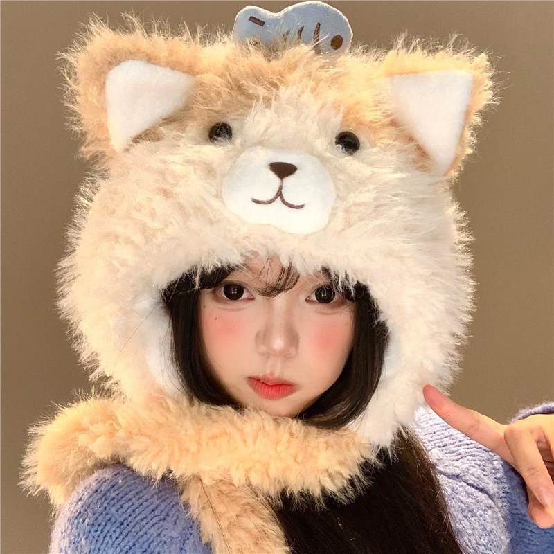 可爱小鱼猫咪耳朵毛绒帽子女秋冬季显脸小保暖防寒加厚护耳雷锋帽