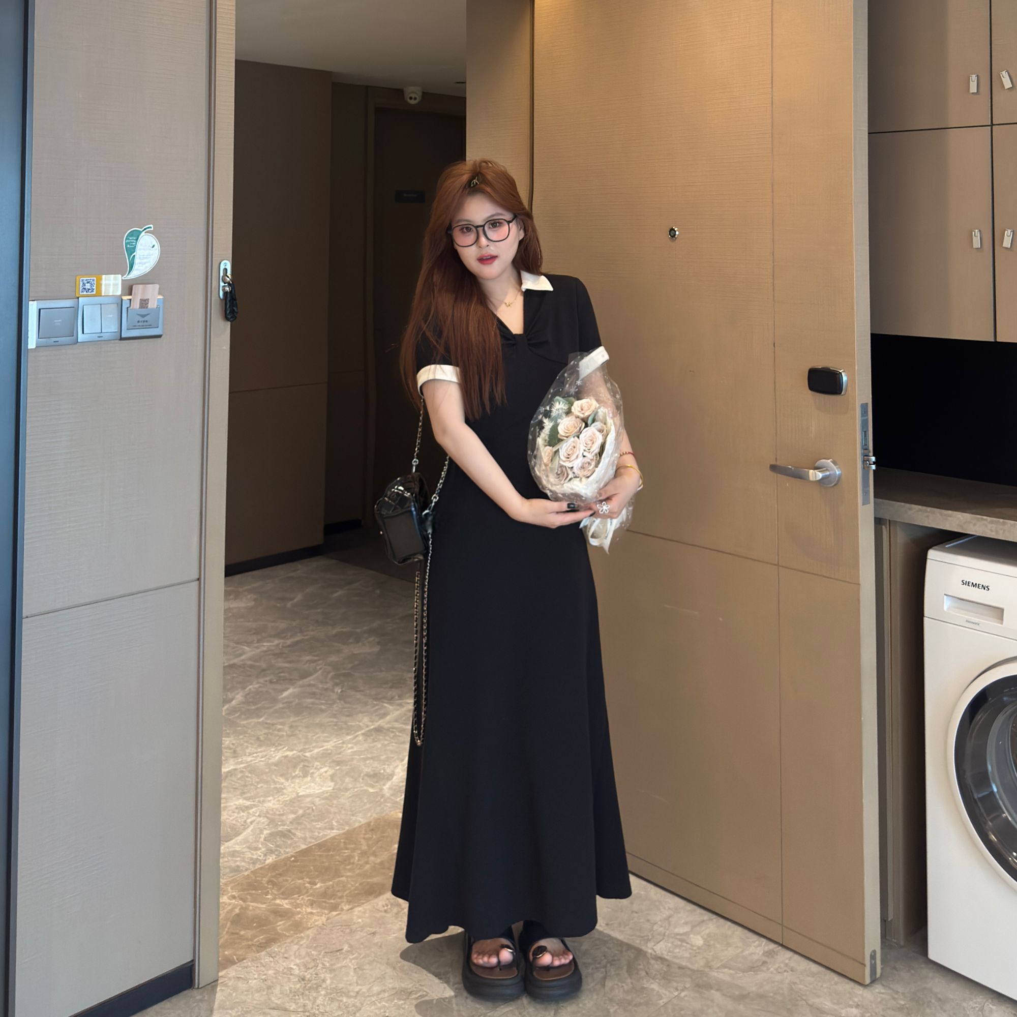 盈盈&南岛风大码女装法式撞色显瘦连衣裙胖mm宽松遮肉长裙ZYY1617