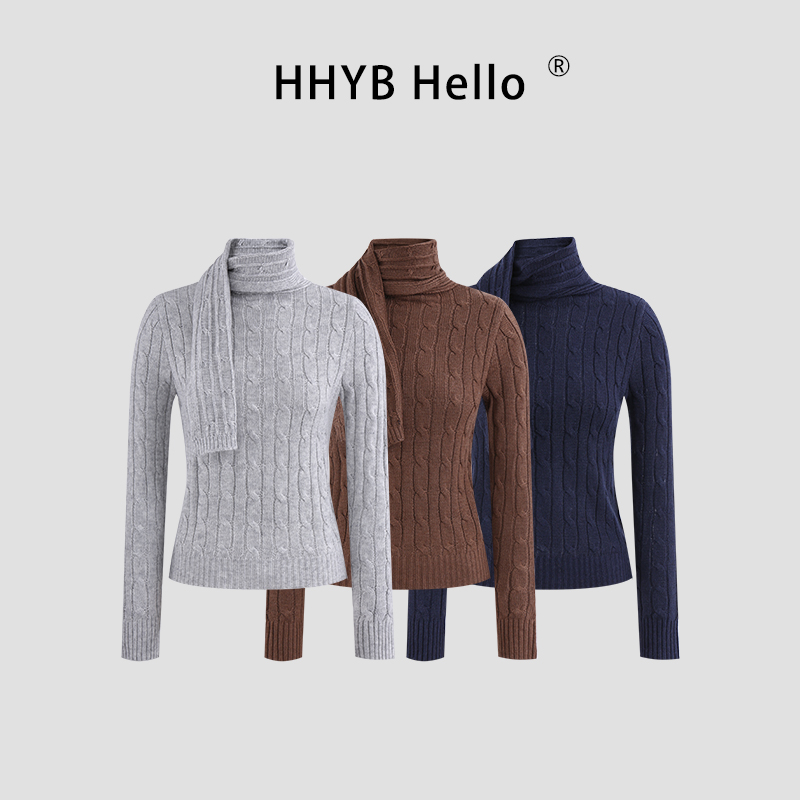 HHYB Hello慵懒风围巾领针织女秋冬2025新款毛衣内搭上衣M1537