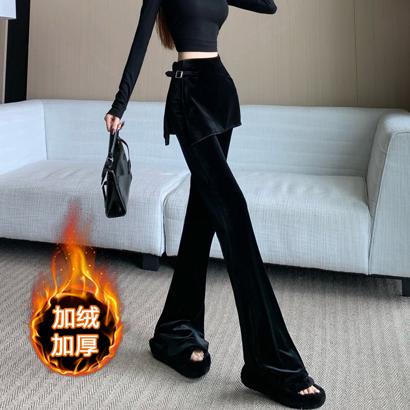 加绒加厚黑色丝绒微喇裤女秋冬假两件高腰裤裙时尚百搭休闲拖地裤