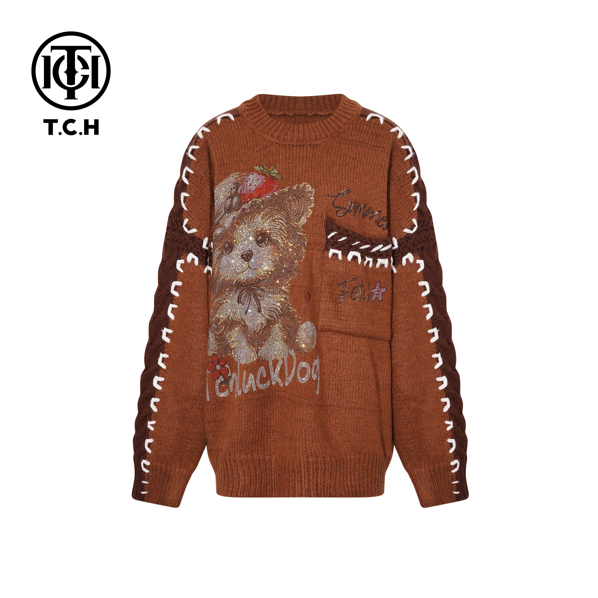 TCH【冬季穿搭】冬款时尚百搭烫钻棕色休闲风女装针织衫T75D09E1158