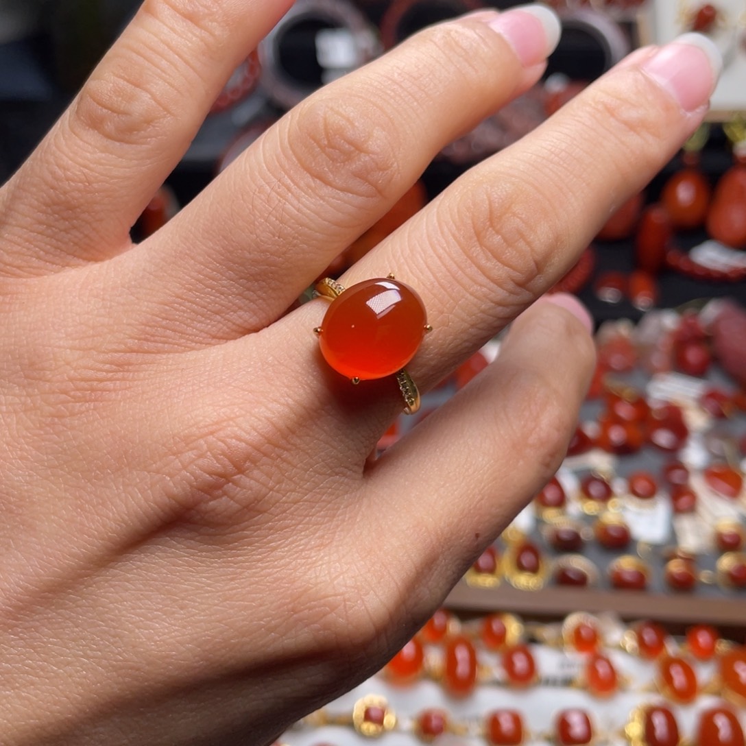 南红玛瑙银S925镶嵌冰红戒指