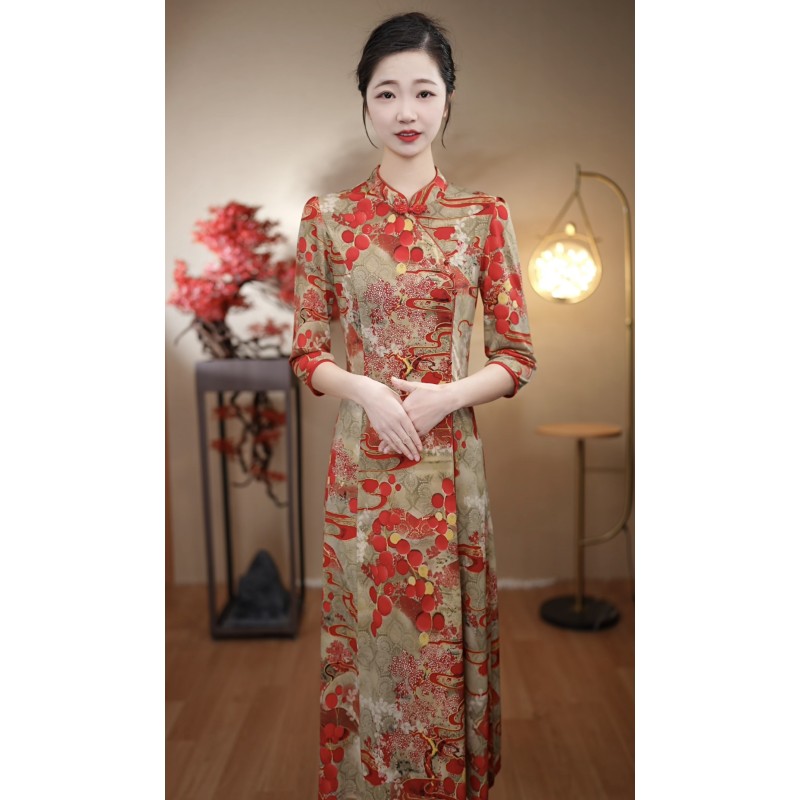 （1号红圈*7分袖6珠）2025春季新款妈妈气质红色改良旗袍连衣裙