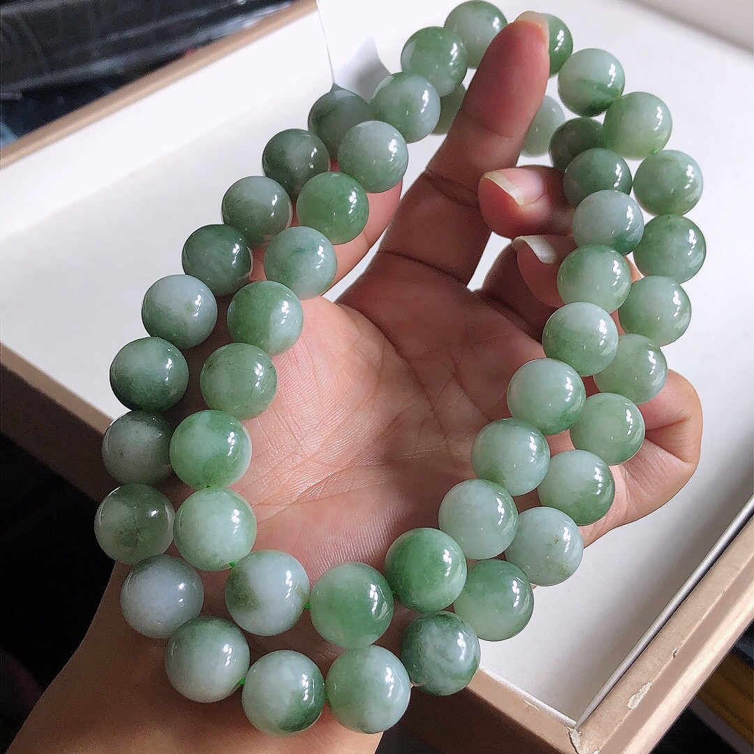 天然翡翠A货冰润飘绿鸳鸯珠绿色双彩大颗圆珠项链珠链卡13.4mm玉