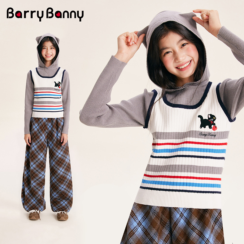 BarryBanny女童打底毛衣针织衫2025秋季新款儿童撞色长袖T恤