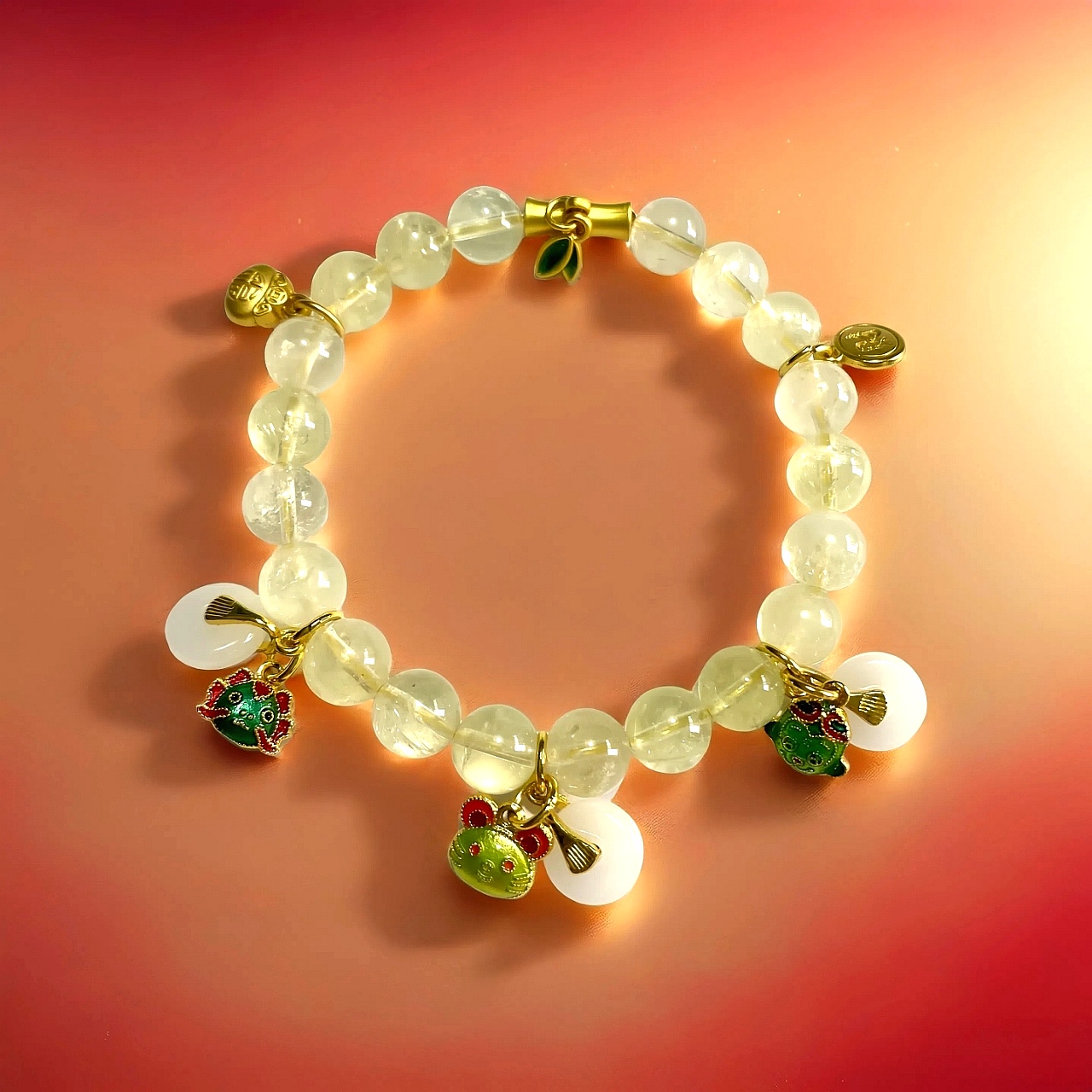 黄铜仿水晶手链 悦心老师祝福原创三合生肖共进生财淡黄九紫手链