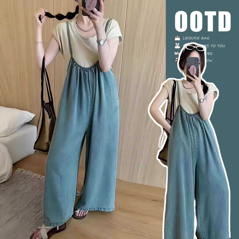 时尚小个子夏装新款时尚洋气宽松背带裤+纯棉百搭T孕妇两件套