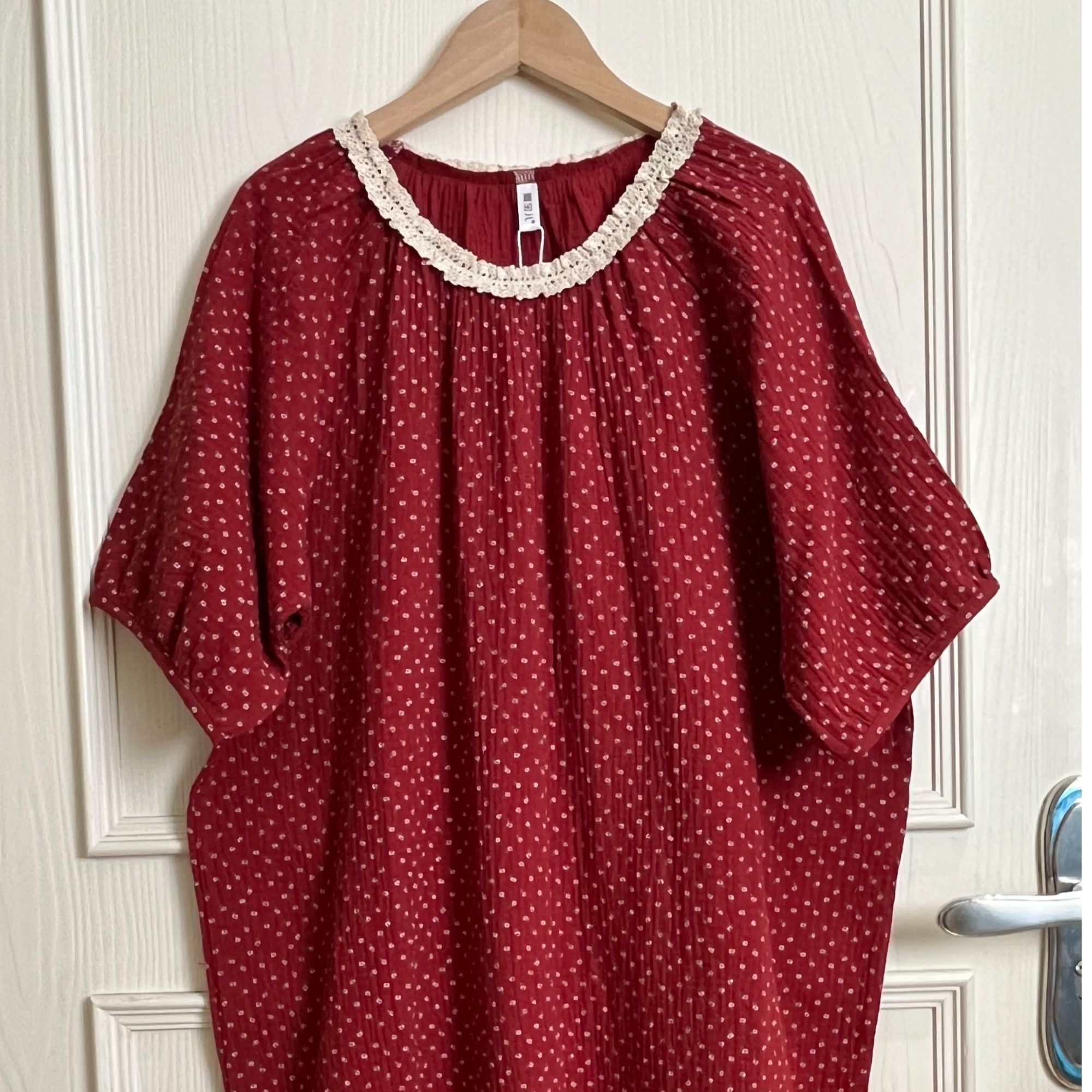 100%纯棉棉纱短袖长裙红色宽松舒适时尚圆领均码泡泡袖