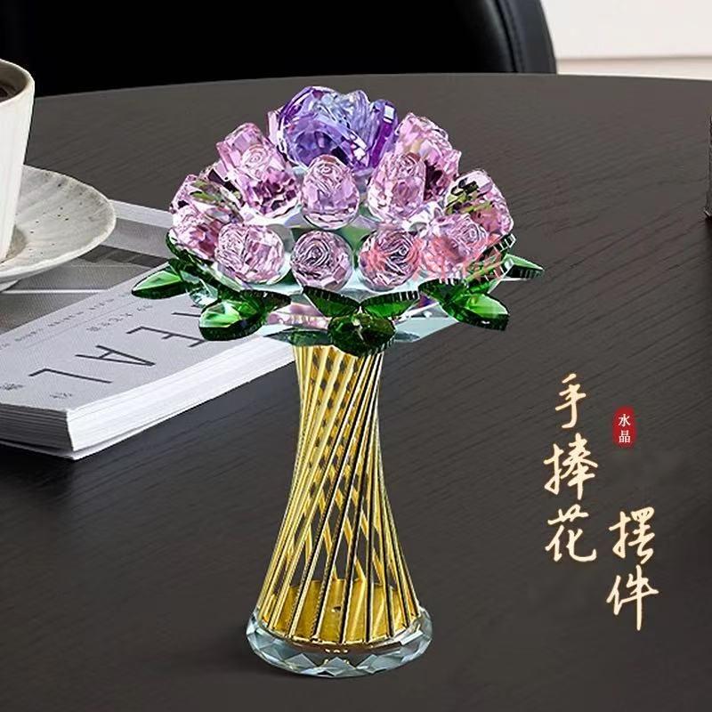 单只礼盒装-轻奢粉色水晶玫瑰手捧花摆件订婚结婚装饰品