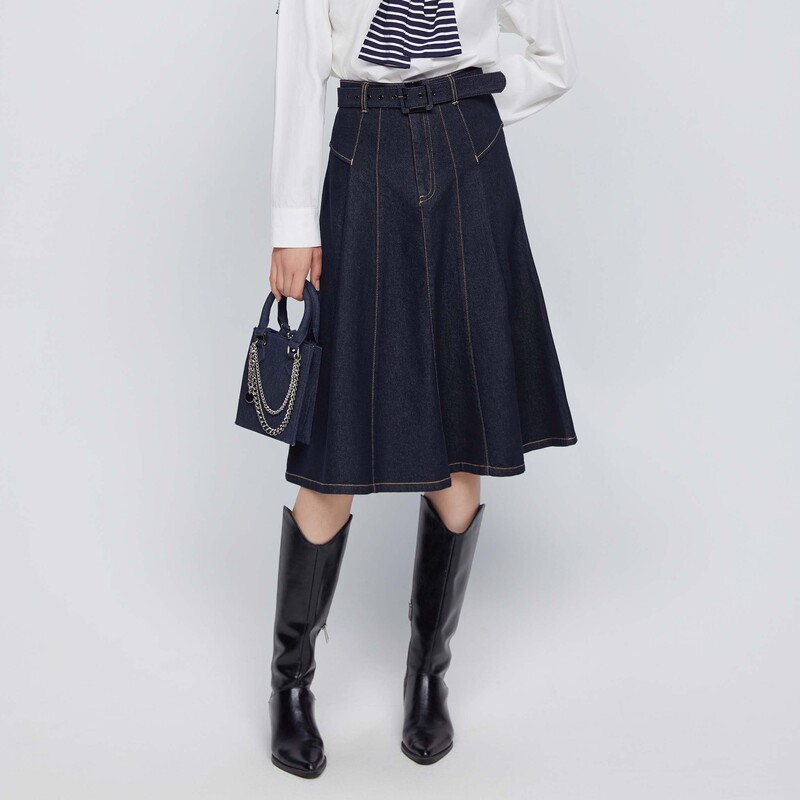 圣迪奥女装时尚气质休闲高腰拼接A字牛仔长裙S24361105