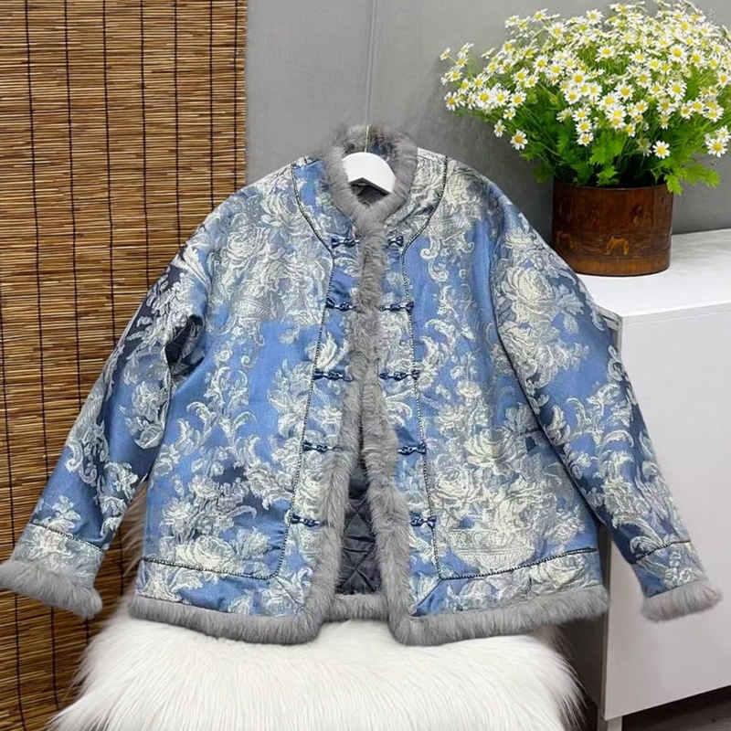 新中式兔毛绒盘扣棉服女国风高级感加厚宽松外套蓝色花色797