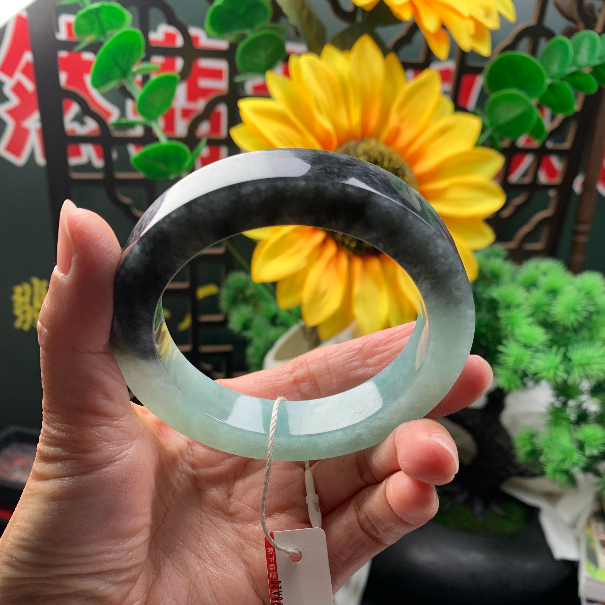 特色高货冰绿半山水冰乌鸡老种天然冰翡翠手镯A货