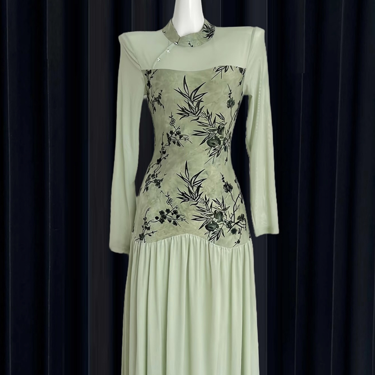 复古青山雾温婉清雅旗袍女秋冬显瘦秋冬长袖连衣裙气质灵动