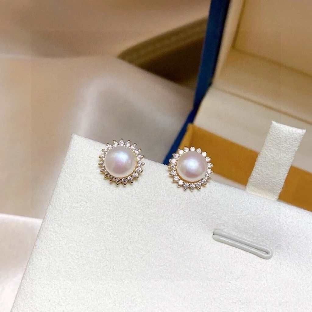 7-8mm太阳花耳钉天然淡水珍珠S925银耳针 高档经典设计师