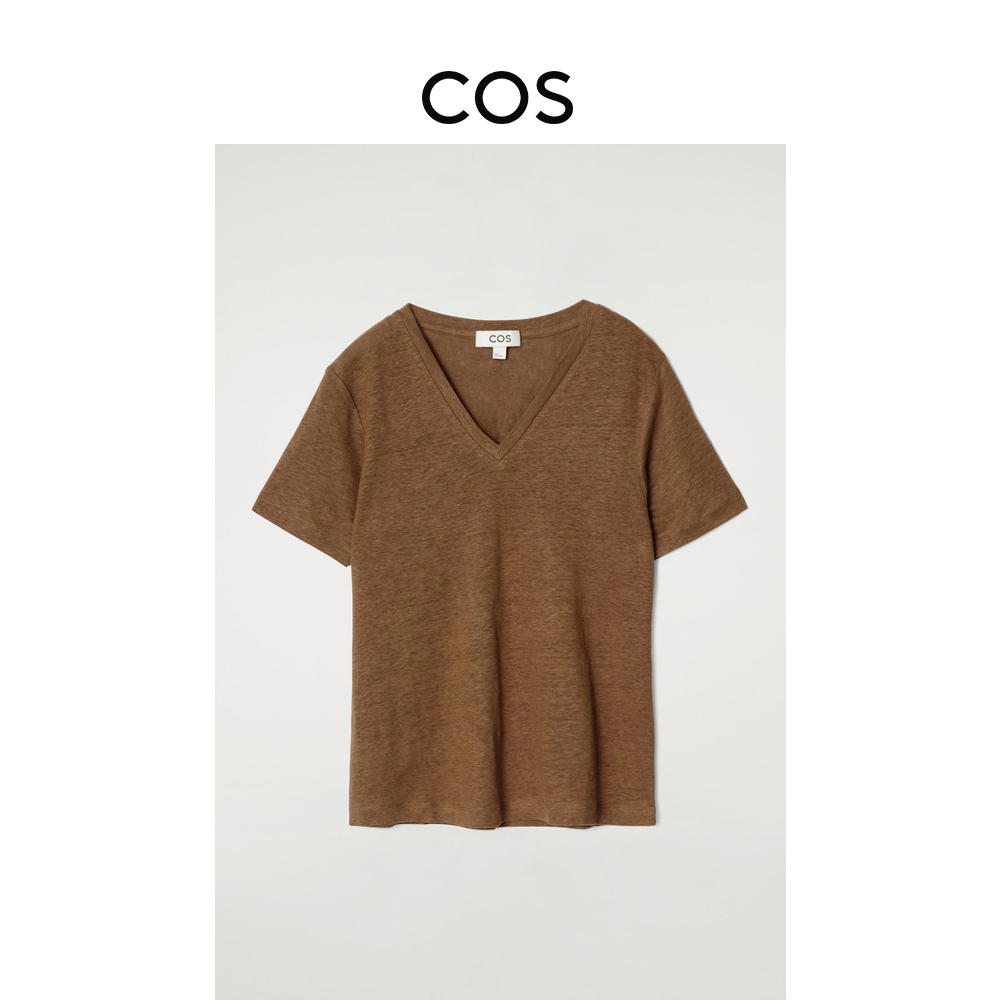 COS女装 标准版型V领亚麻T恤棕色2025夏季新品1277144003