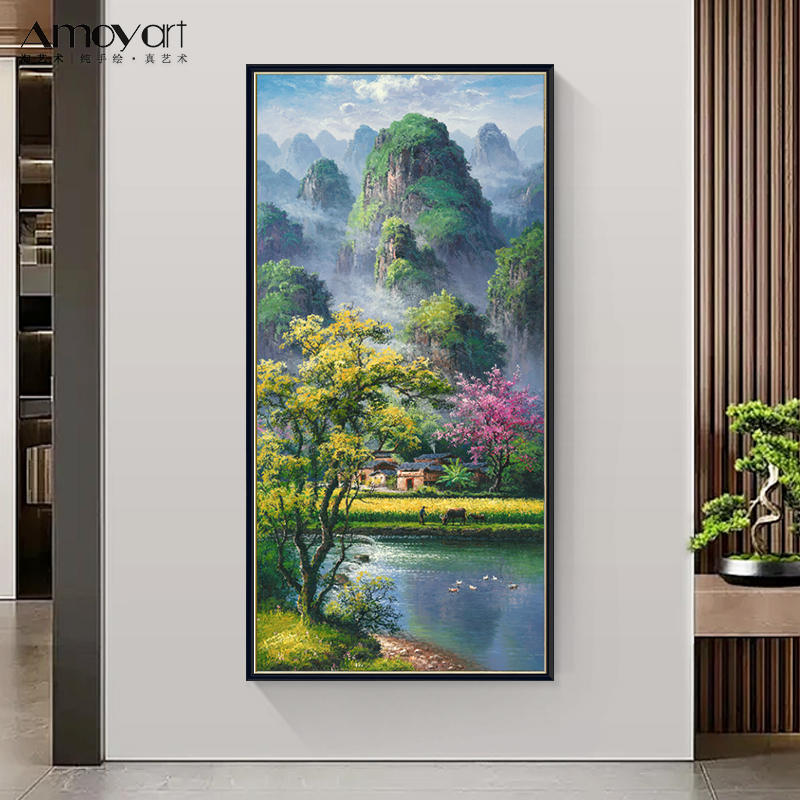 手绘油绿水青山玄关挂画风景油画山水画轻奢现代新中式走廊装饰画