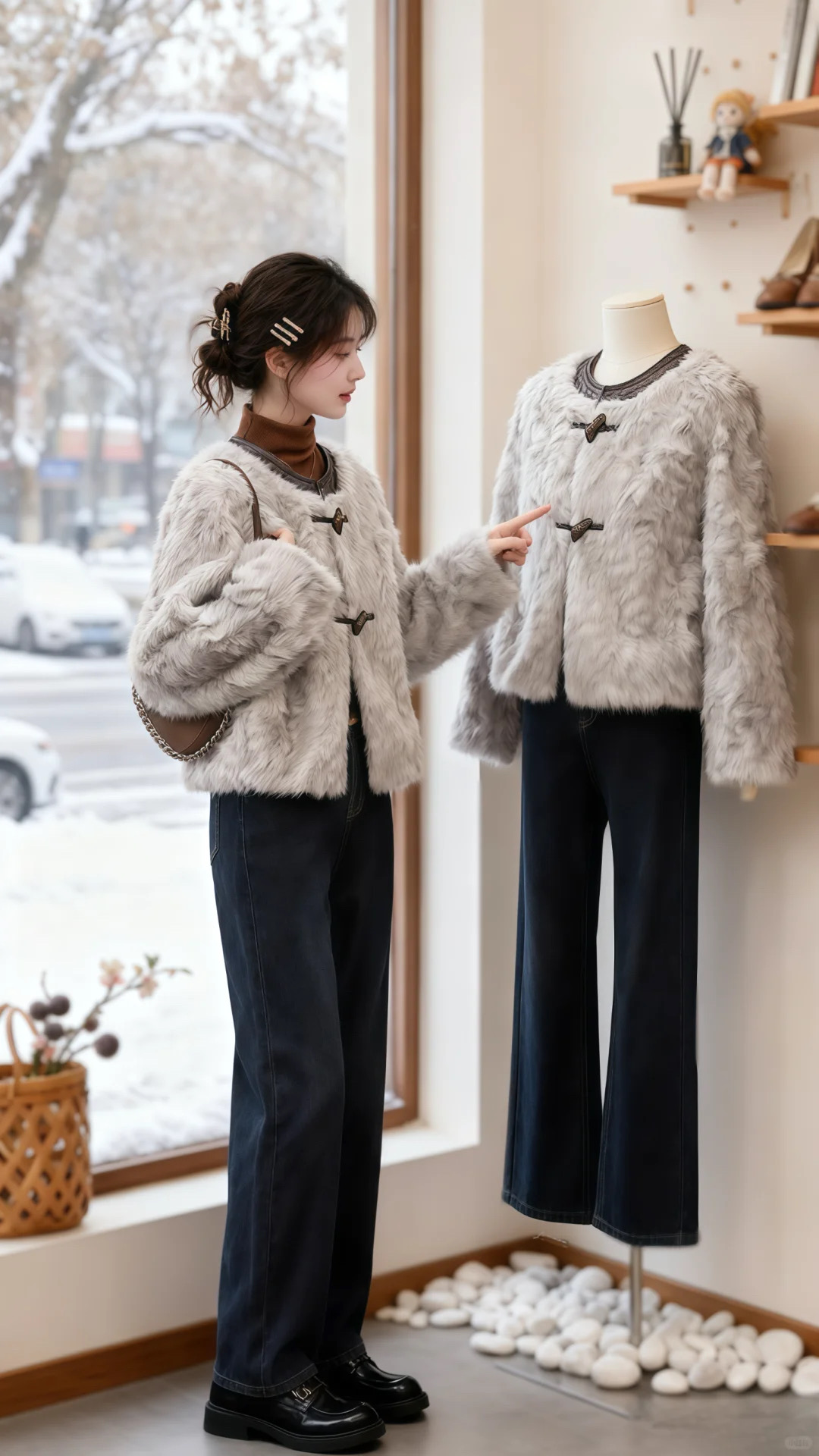 气质时尚女士冬季百搭宽松加厚毛毛外套8028