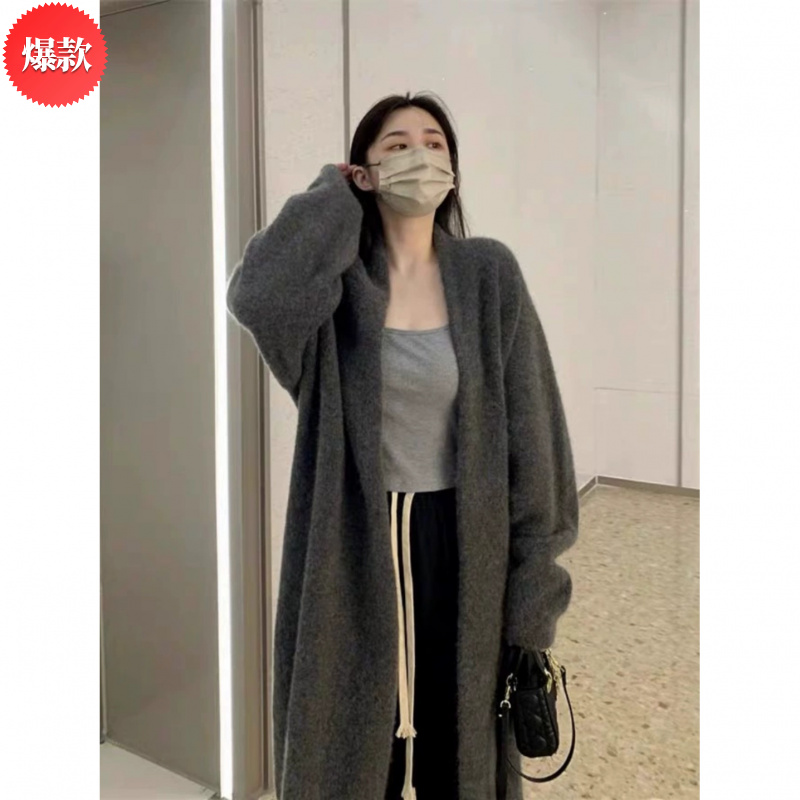 灰色中长款过膝毛衣外套女春秋冬季慵懒风加厚百搭针织衫开衫大衣