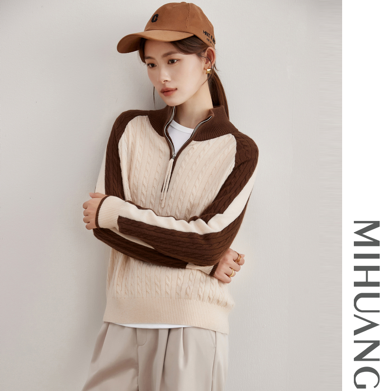 MIHUANG/米皇100山羊绒半拉链高领插肩袖休闲女衫542520秋冬撞色