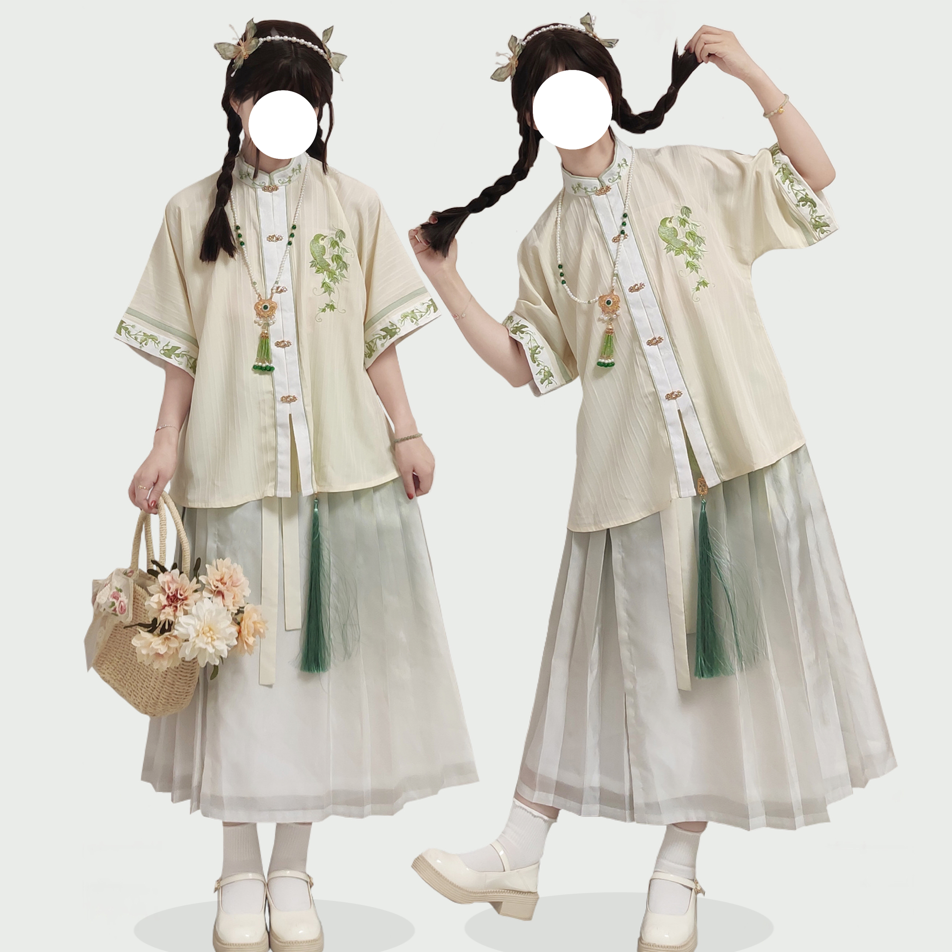 花朝记｜飞鸟｜明制汉服元素竖领对襟短袖衫百迭裙刺绣小清新日常