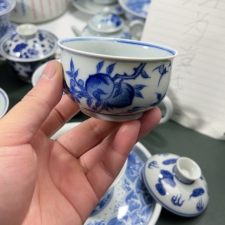 微瑕柴窑点工九桃五福薄胎