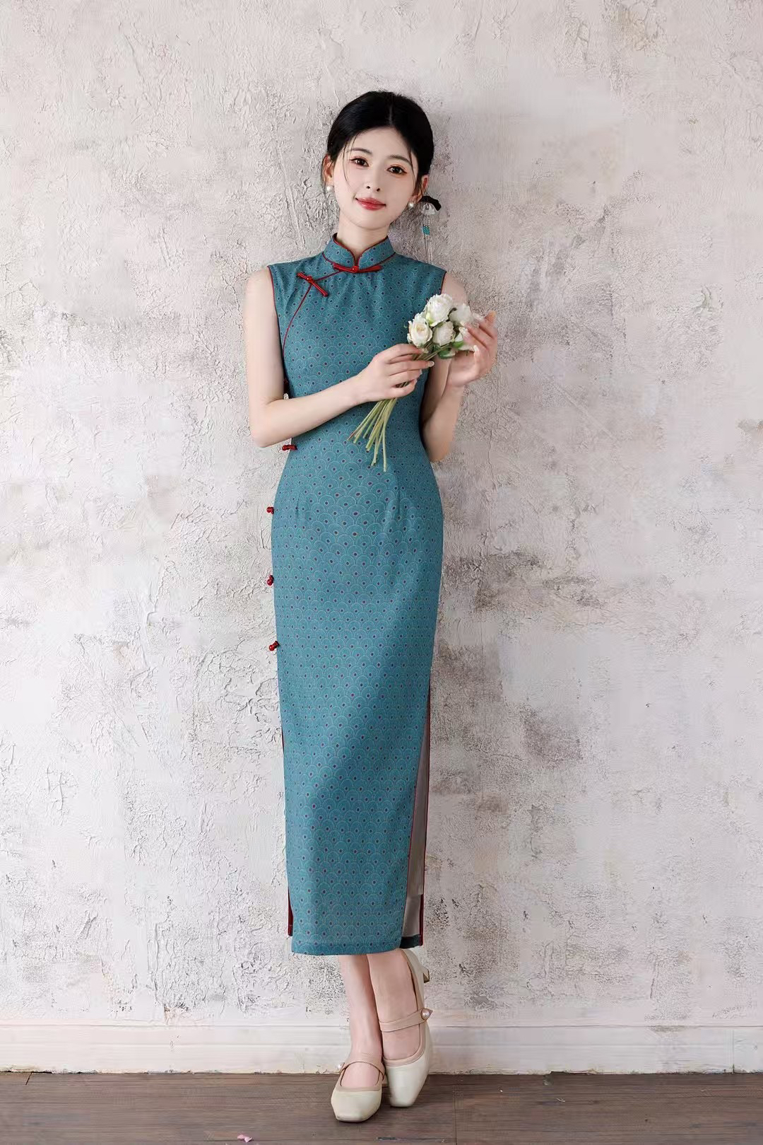 修身提花优雅旗袍走秀包袖春夏长旗袍中国风中长裙