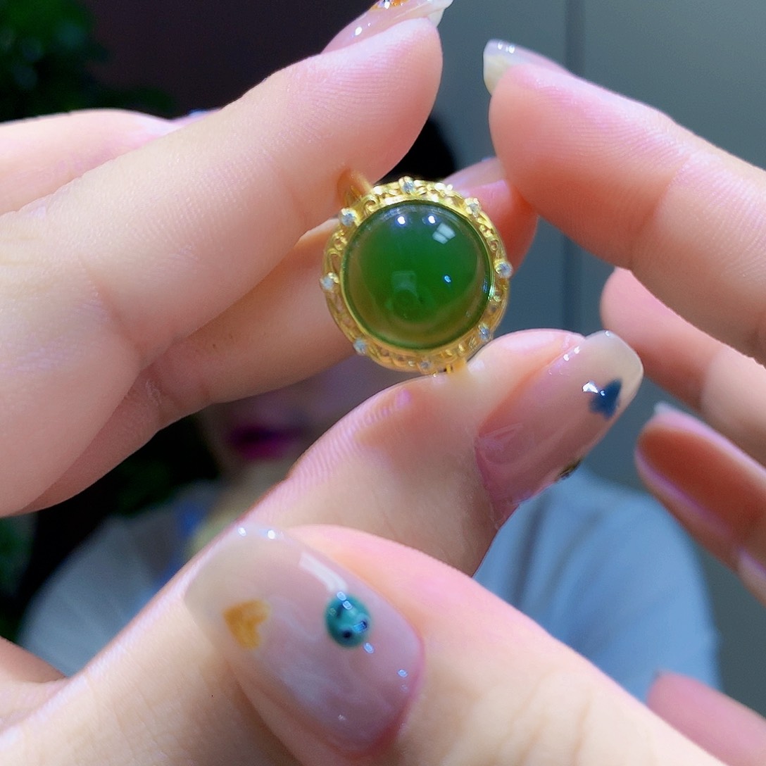和田玉（碧玉）戒指银S925镀金镶嵌