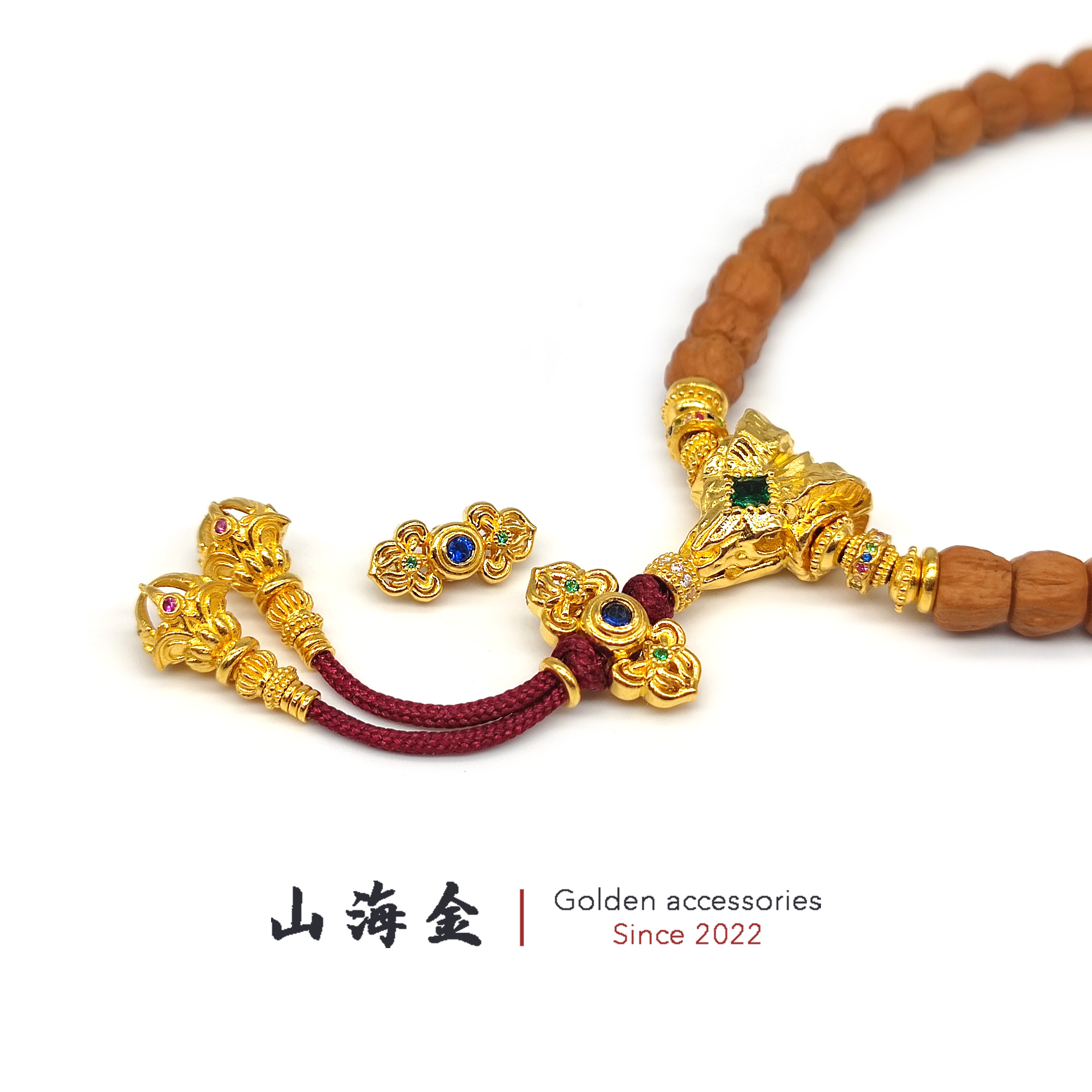 山海金 24K黄金999足金宝石如意莲花金刚杵背云线束卡子菩提配饰