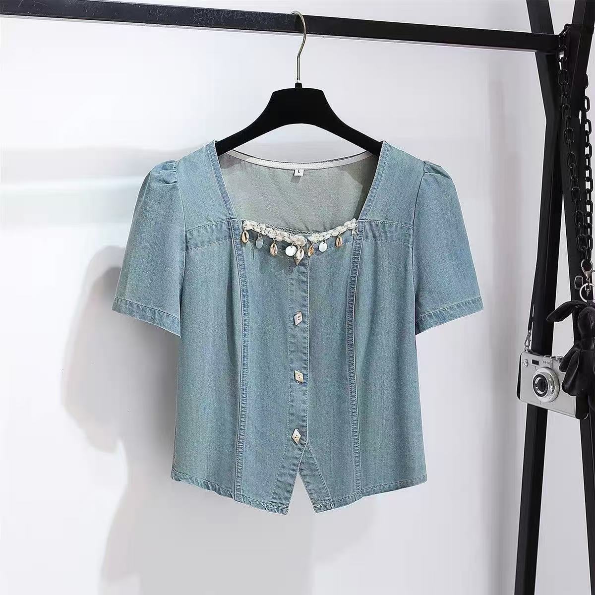 9166#【瑕】2025新款时尚气质百搭短袖牛仔衬衣