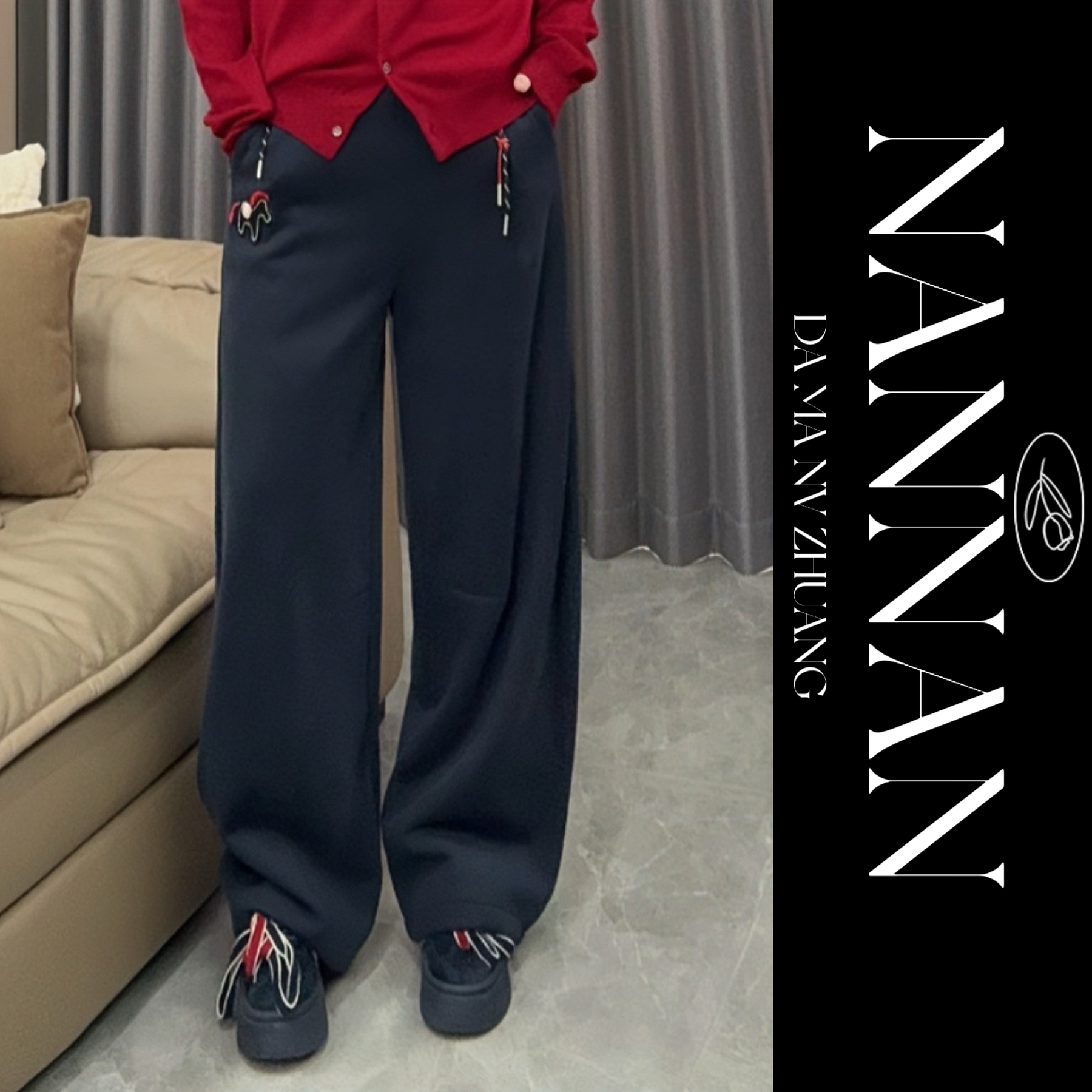 【楠楠推荐】加绒加厚款裤脚抽绳宽松时尚弯刀休闲裤C7140