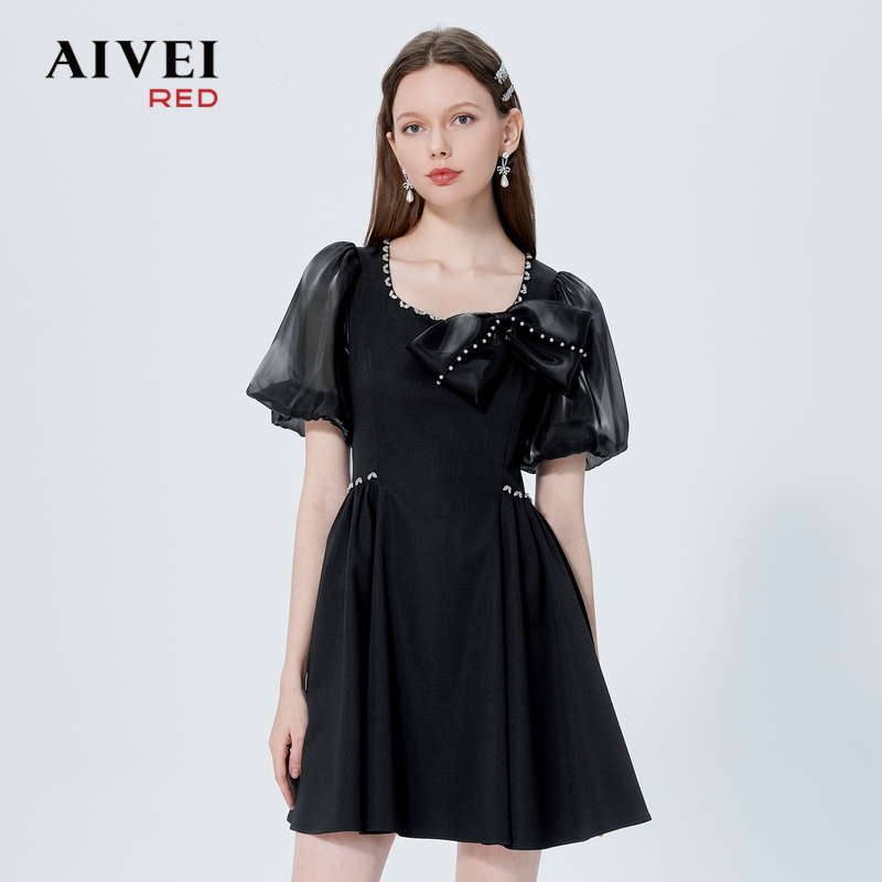 【枣哥】AIVEI方领高腰小众抽褶法式收腰时尚连衣裙P0360050