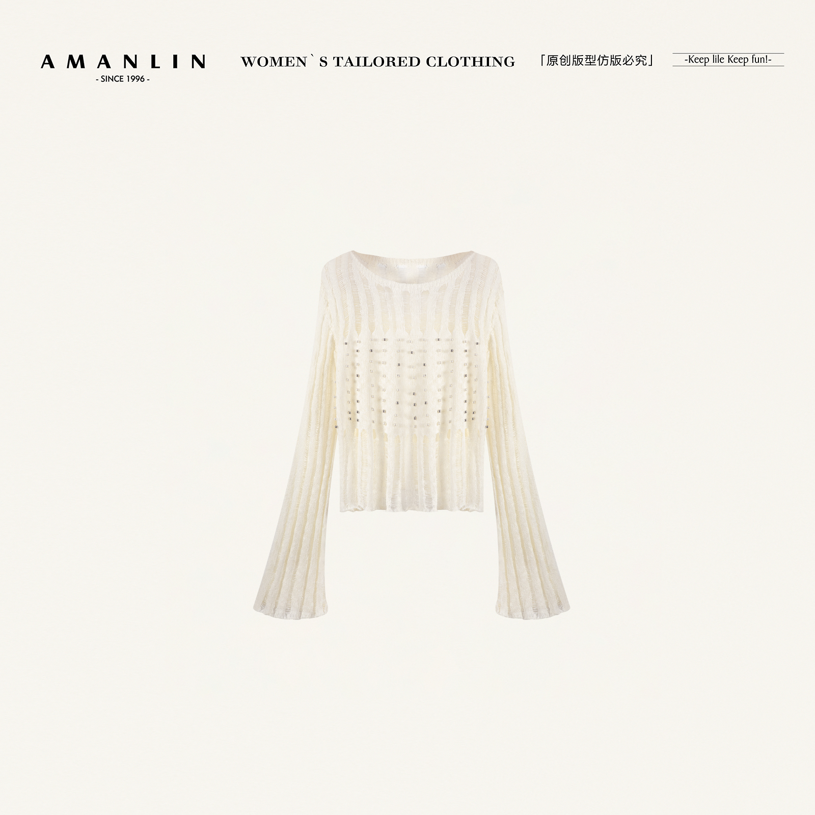 AMANLIN/阿谩琳琥珀流光慵懒度假宽松串珠空调衫T恤Y599829