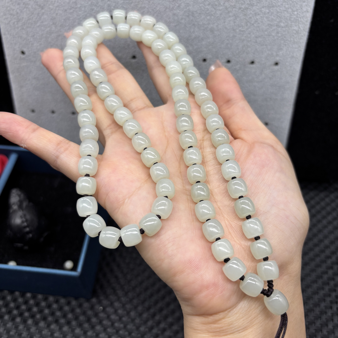高端天然新疆和田玉白玉直切桶珠8mm玉石挂牌绳毛衣链长链百搭款