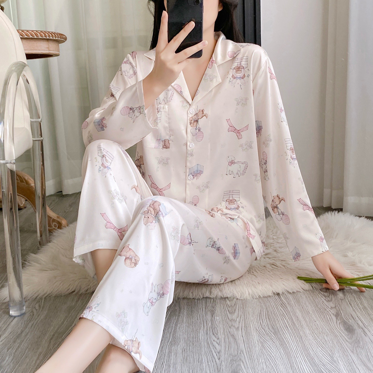 (梦幻小熊)睡衣薄款女士卡通可爱睡衣家居服套装春秋季夏季宽松