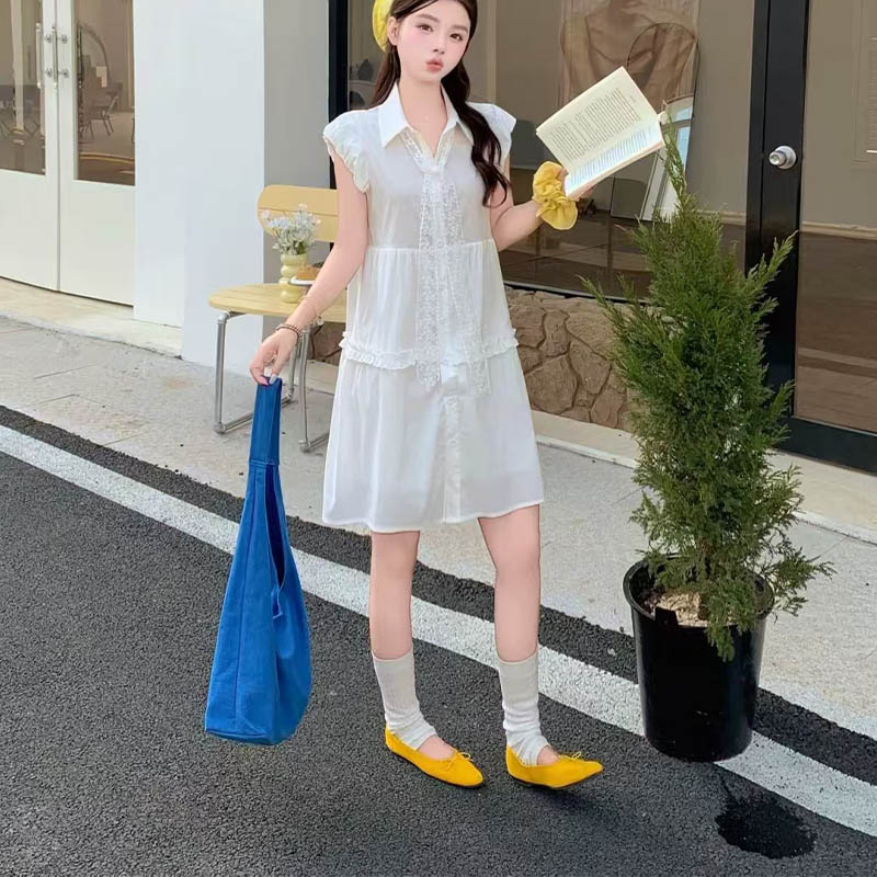 （女装）8535 法式简约木耳边拼接甜美小飞袖连衣裙配蕾丝飘带