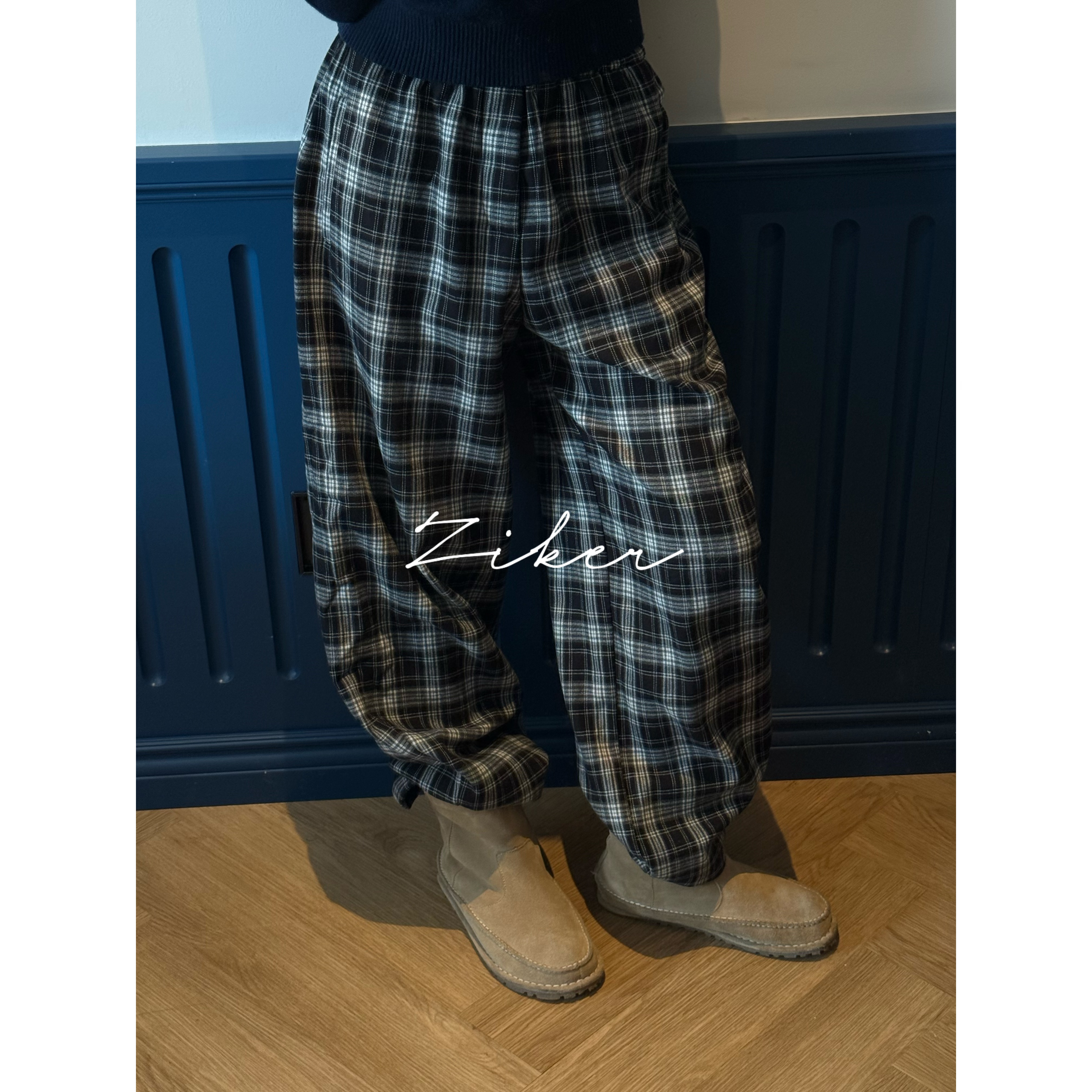 ZIKER｜松紧腰格子加绒长裤极简风格纹阔腿休闲裤女