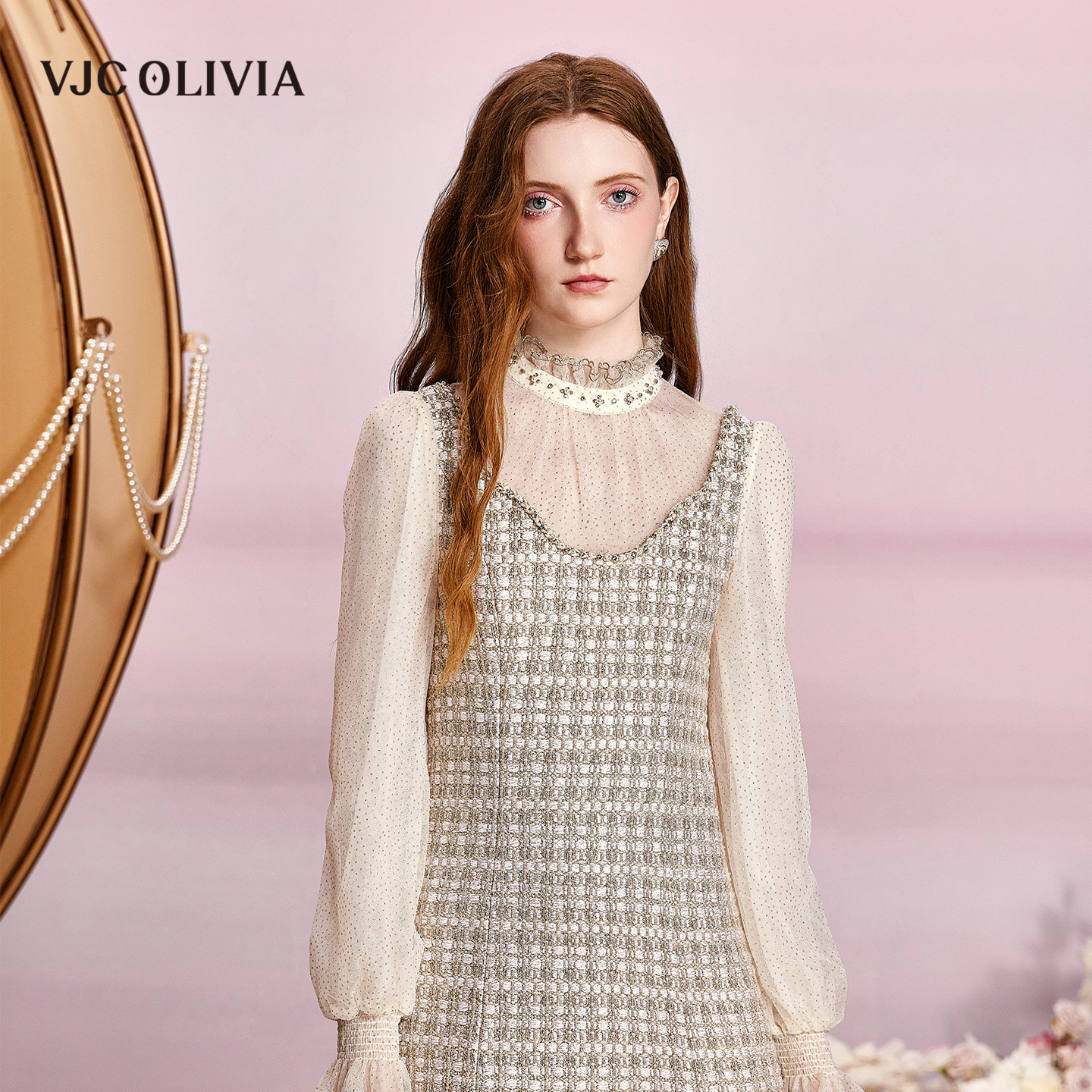 VJC OLIVIA【Nanaco专属】26春夏浅金淡雅格纹质感女士连衣裙