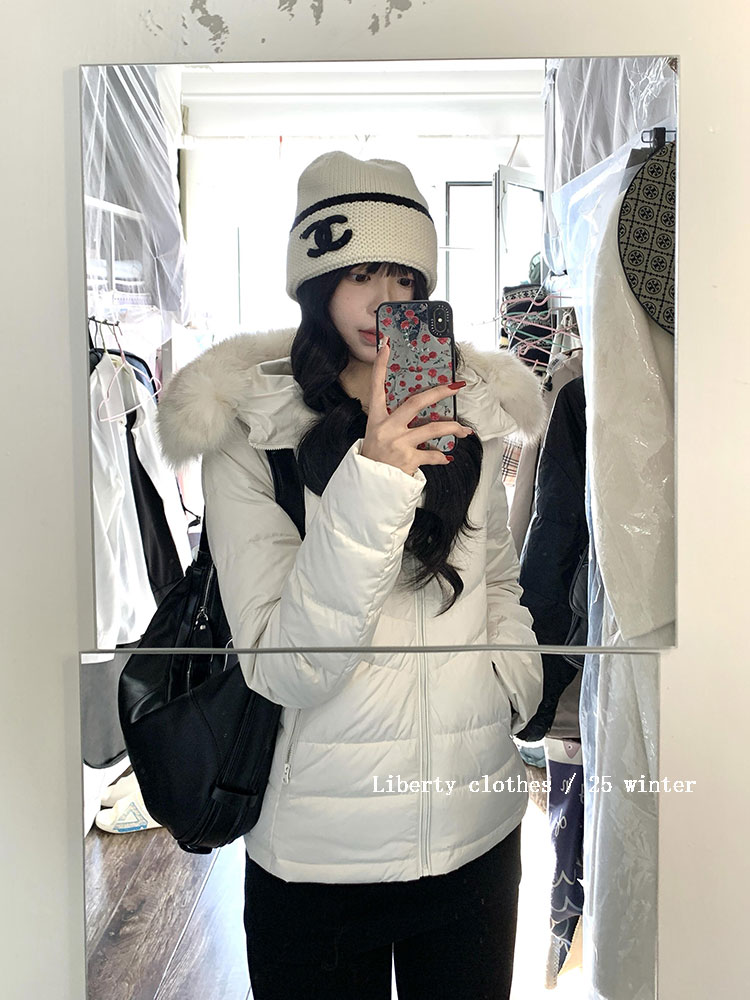 狐狸毛领连帽排骨羽绒棉服女冬季2025新款收腰白鸭绒短款棉衣外套