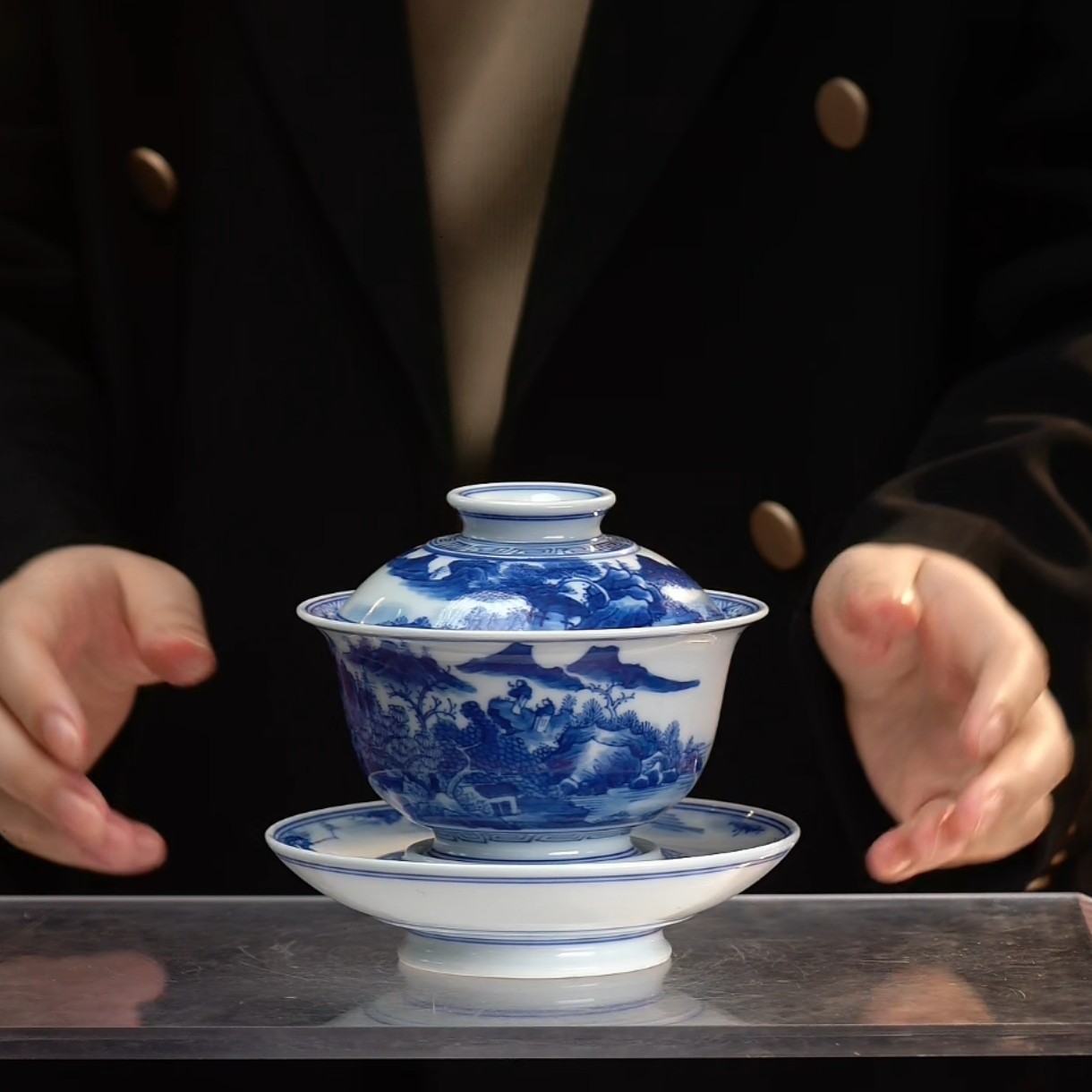 青花山水通景纹三才盖碗