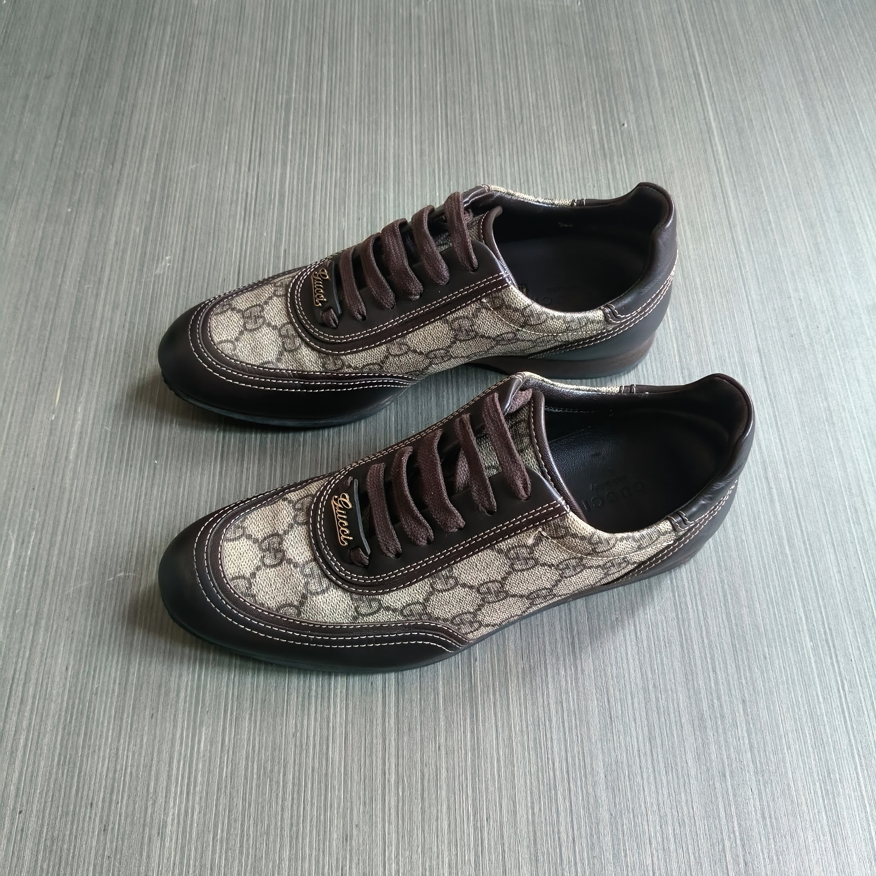 99新 GUCCI/古驰 37码/黑棕双G老花满印刺绣大logo 低帮休闲板鞋